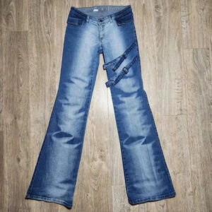 Tall Y2K bleached dark wash flared jeans with thigh buckles ✦ XXS